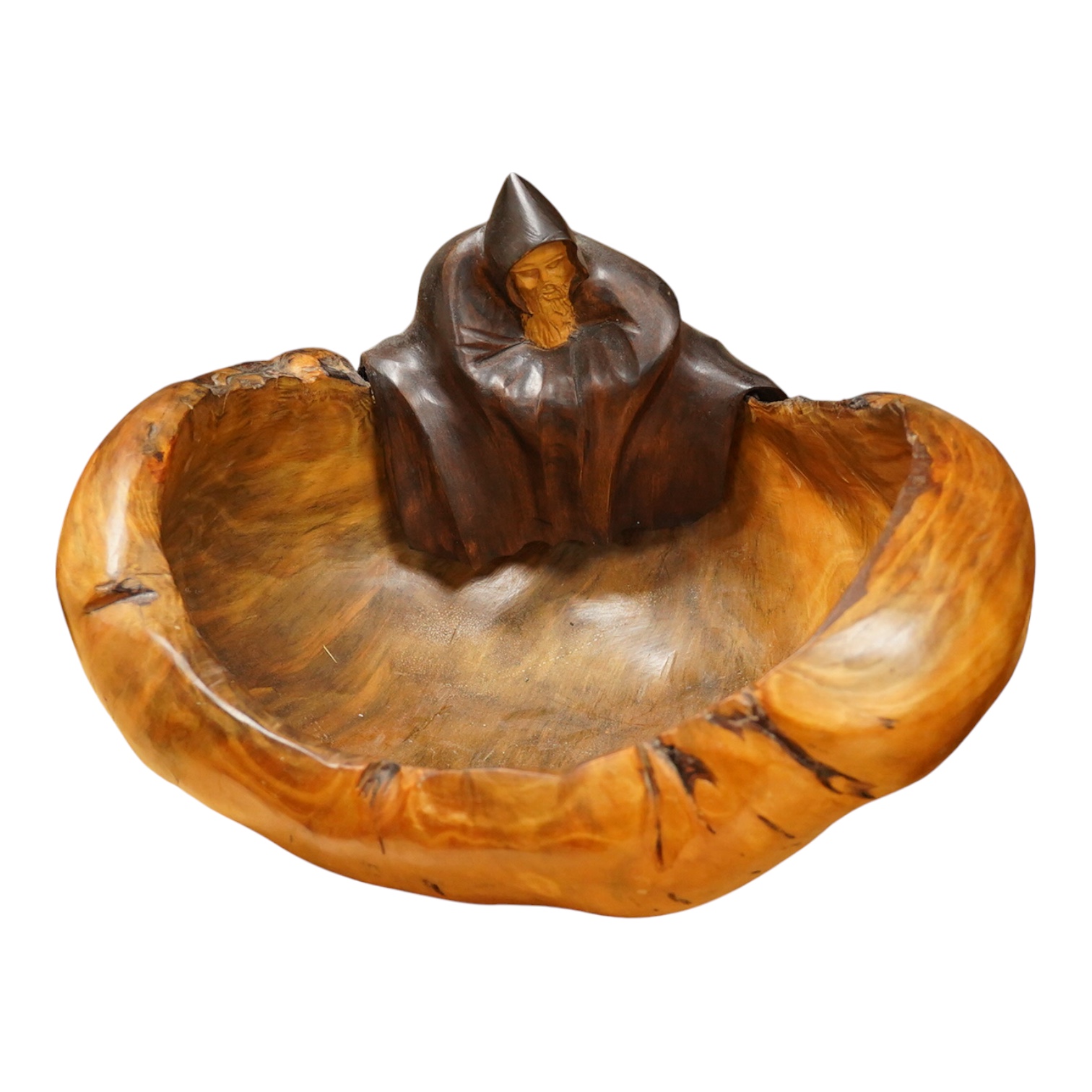 Pierre Decorse (b.1953), a large naturalistically modelled bowl carved with a cloaked figure, 42cm wide